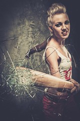 Wall Mural - Punk girl breaking glass with a baseball bat