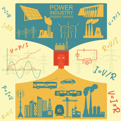 Wall Mural - Power energy industry infographic, electric systems, set element