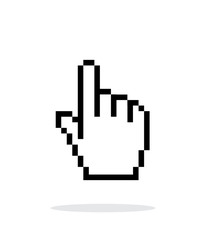 Pixel hand cursor icon on white background.