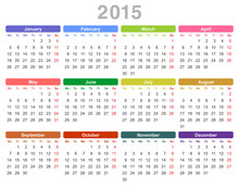 2015 Year Annual Calendar (Monday First, English)
