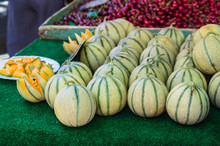 Cantaloupe Melons For Sale At Farmers Market.