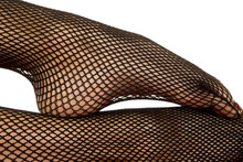Woman Legs Black Fishnet Close Foot On Leg
