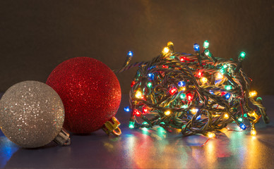 Colorful Christmas lights and shiny baubles