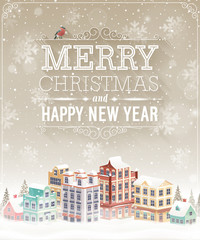 Canvas Print - Christmas card with cityscape and snowfall.