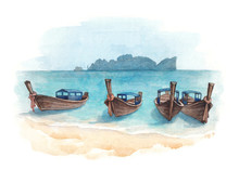 Watercolor Illustration Of A Boats On A Beach