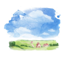 Wall Mural - Rural landscape. Watercolor illustration of village