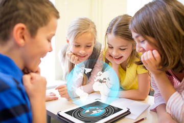 Sticker - group of school kids with tablet pc in classroom