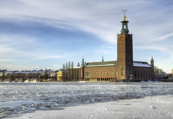 Canvas Print - Stockholm City-hall and Riddarfjarden in winter.