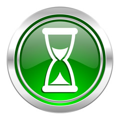 time icon, green button, hourglass sign