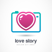 Abstract Colorful Photo Camera With Heart Lens. Vector Logo Icon