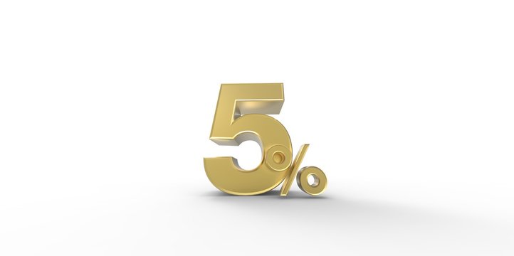 3D rendering of a gold 5 percent letters on a white background