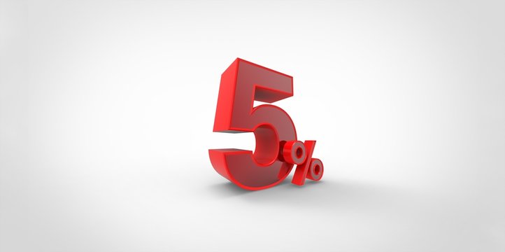 3D rendering of a red 5 percent letters on a white background