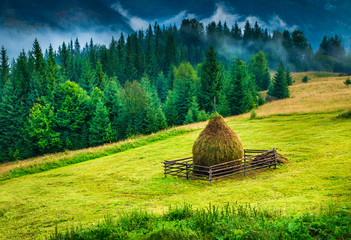 Wall Mural - amazing mountain landscape with fog and a haystack
