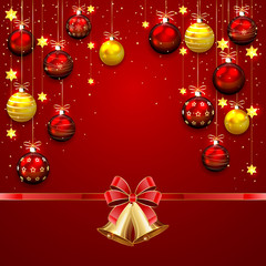 Wall Mural - Christmas balls and bells on red background