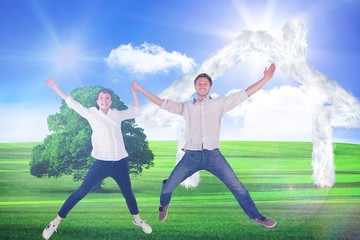 Poster - Composite image of couple jumping and holding hands