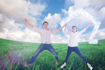 Poster - Composite image of couple jumping and holding hands