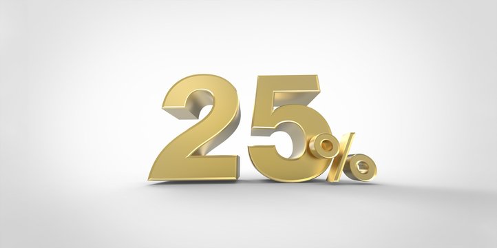 3D rendering of a gold 25 percent letters on a white background