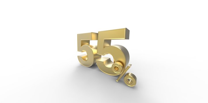 3D rendering of a gold 55 percent letters on a white background