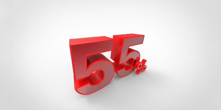 3D rendering of a red 55 percent letters on a white background