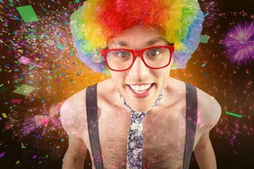 Poster - Composite image of geeky hipster in afro rainbow wig