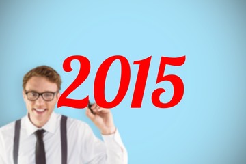 Poster - Composite image of geeky businessman writing with marker