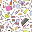 Vector pattern with hand drawn attributes of cosmetics