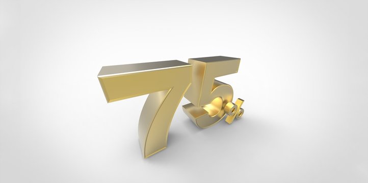 3D rendering of a gold 75 percent letters on a white background