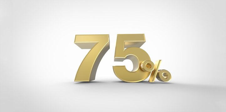 3D rendering of a gold 75 percent letters on a white background