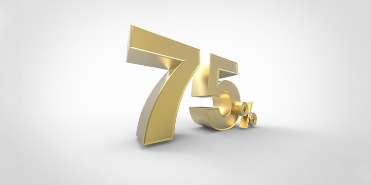 3D rendering of a gold 75 percent letters on a white background