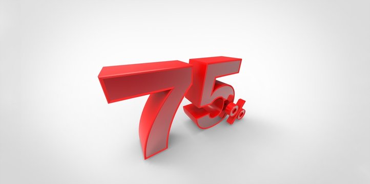 3D rendering of a red 75 percent letters on a white background