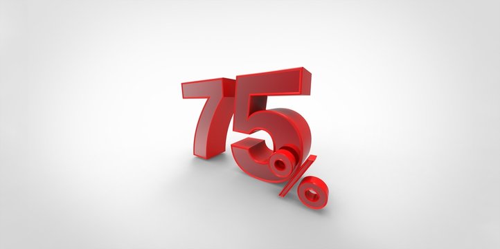 3D rendering of a red 75 percent letters on a white background
