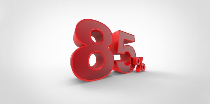 3D rendering of a red 85 percent letters on a white background