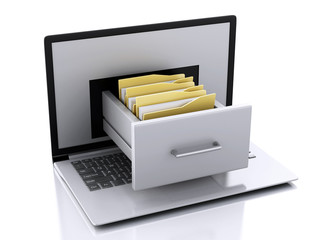 Poster - Data storage. Laptop and files 3d