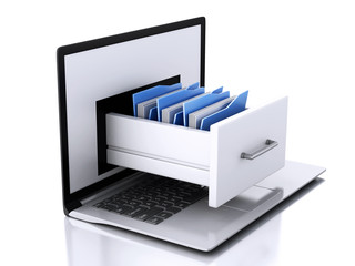 Poster - Data storage. Laptop and files 3d
