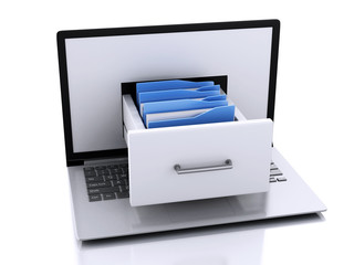 Poster - Data storage. Laptop and files 3d