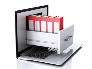 Poster - 3d Laptop with ring binders. Data storage.