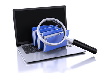 Poster - 3d laptop, magnifying glass and computer files