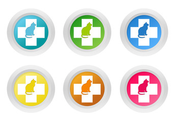 Wall Mural - set of rounded colorful buttons with veterinary and cat symbol