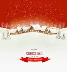 Aufkleber - Winter village evening background. Vector.