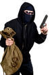 hooded robber with a gun and a bag of money