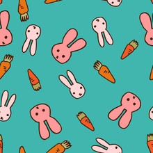 Hand-drawn Seamless Pattern Of Rabbits And Carrots In Blue