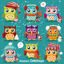 Vintage Christmas Poster Design With Owls, Santa Claus, Snowman
