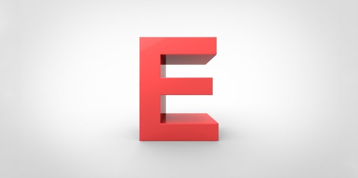 E 3D font big red letter standing on white gray background