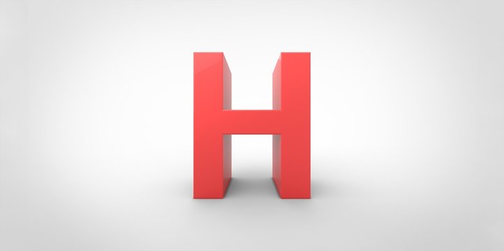 H 3D font big red letter standing on white gray background