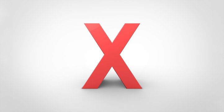 X 3D font big red letter standing on white gray background