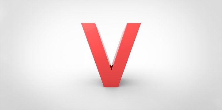 V 3D font big red letter standing on white gray background