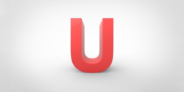 U 3D font big red letter standing on white gray background