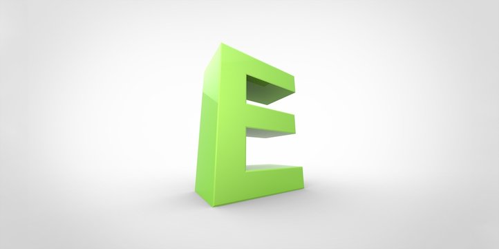 E 3D font big neon green letter on white gray background