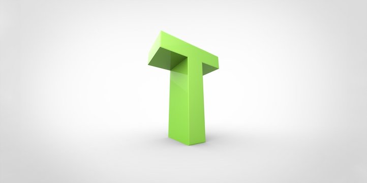 T 3D font big neon green letter on white gray background