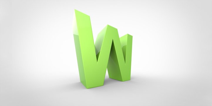 W 3D font big neon green letter on white gray background